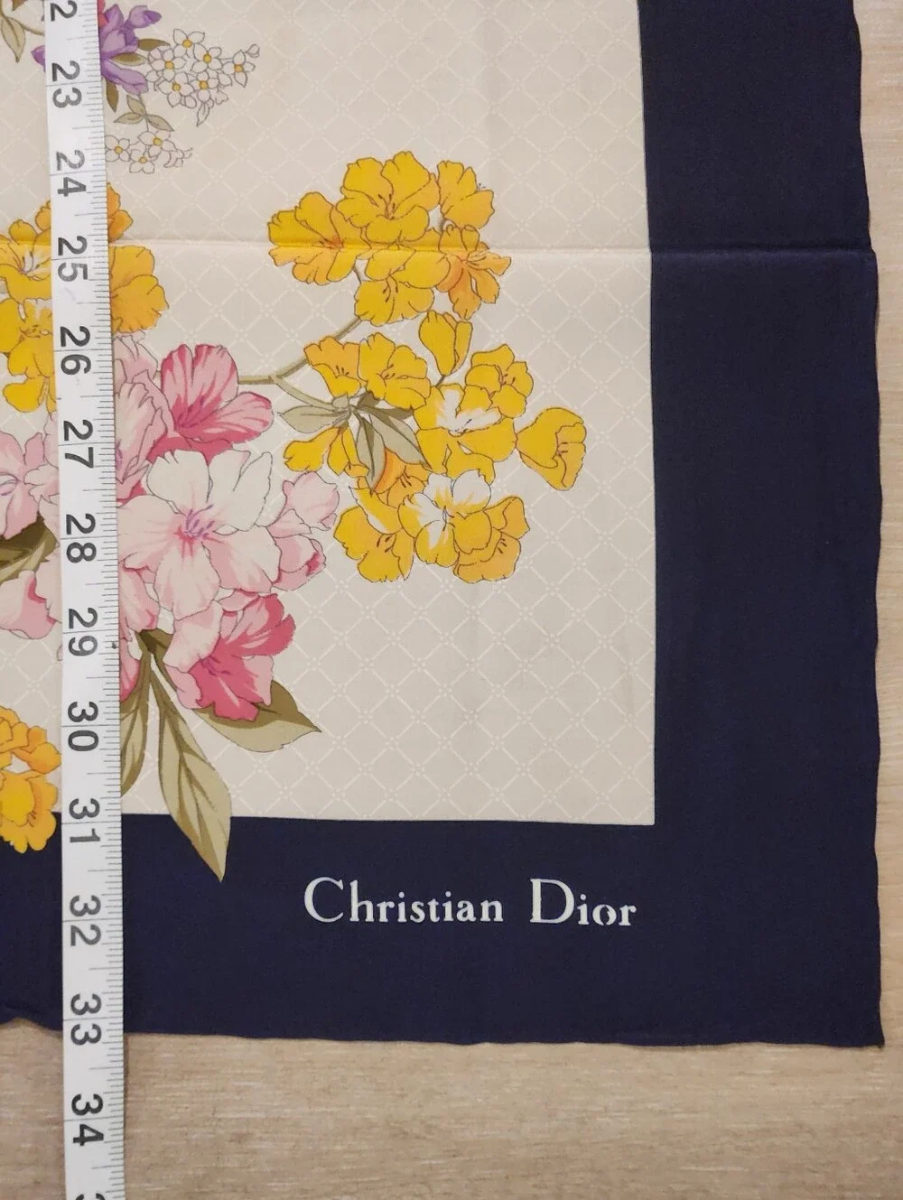 Vintage Christian Dior Silk Floral Scarf Navy Blue Border